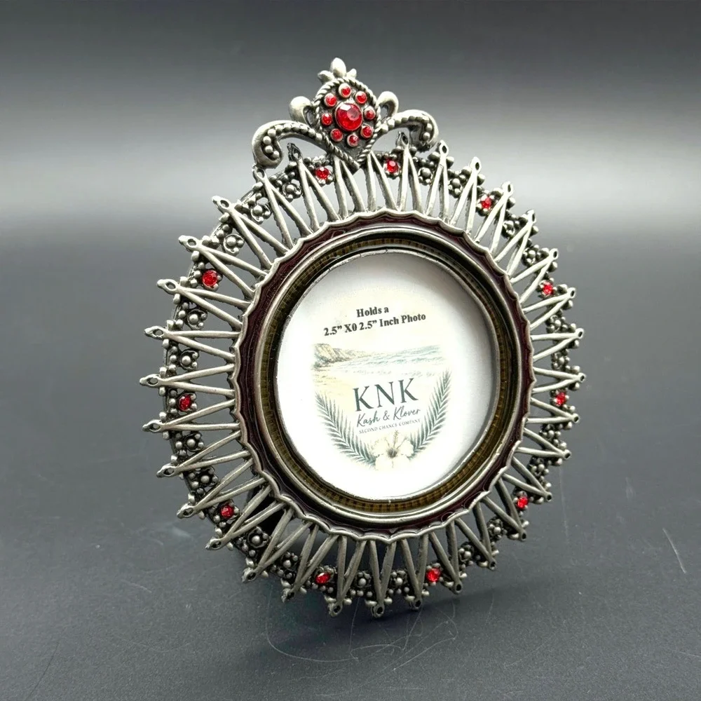 Jeweled Crown Picture Frame Silver Tone Red‎ Rhinestone Coastal Glam 2.5